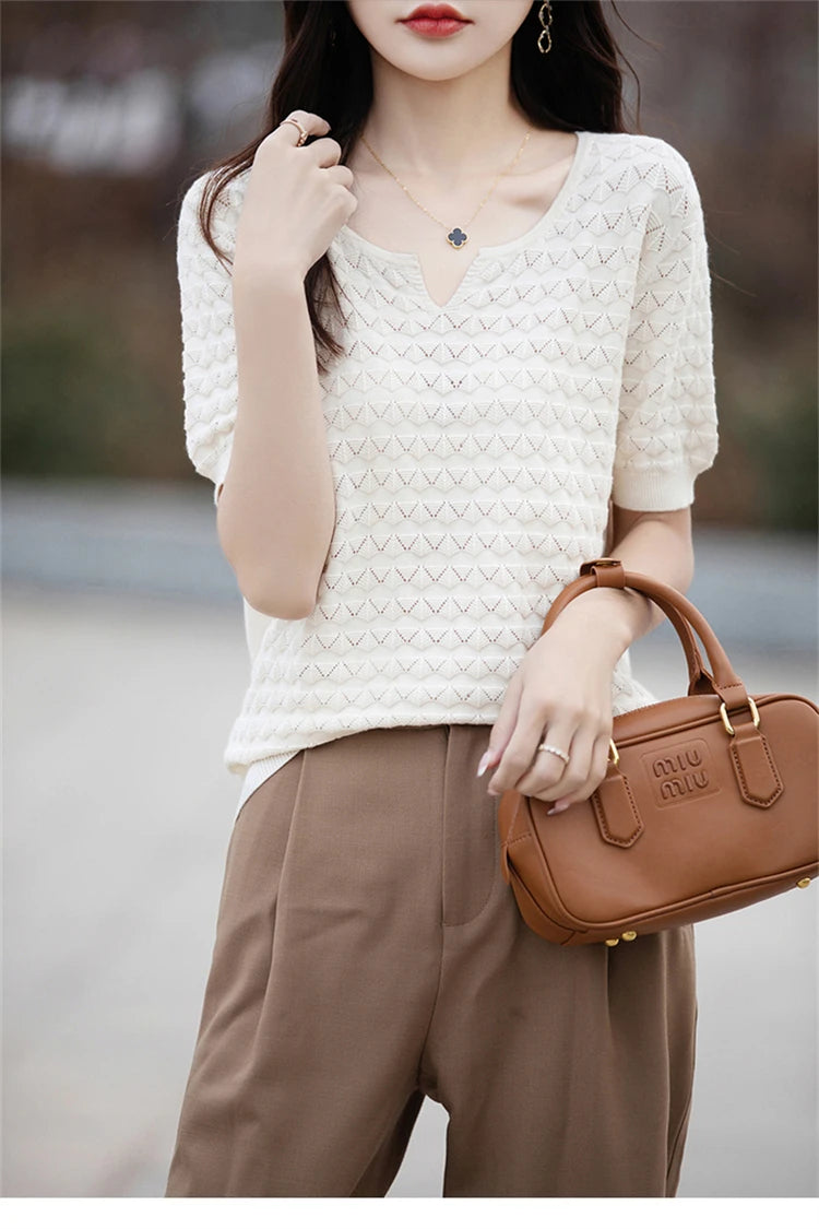 100% Cotton V-Neck Knit Tee