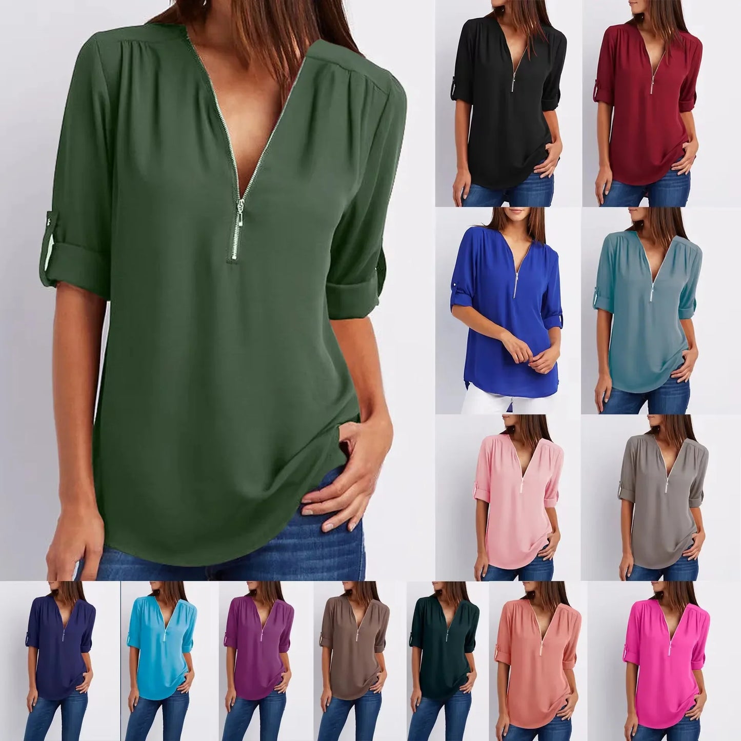 Deep V-Neck Chiffon Blouse