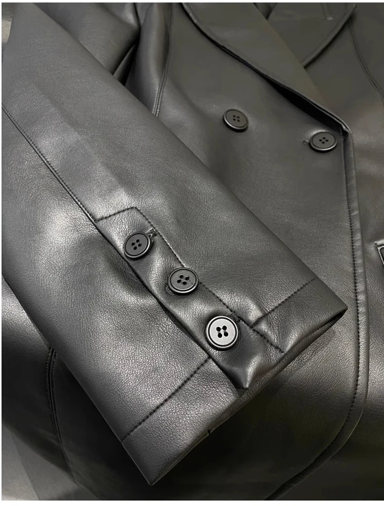 Lautaro Spring Autumn Extra Long Black Loose Pu Leather Trench Coat for Women Shoulder Pads Double Breasted Faux Leather Blazer