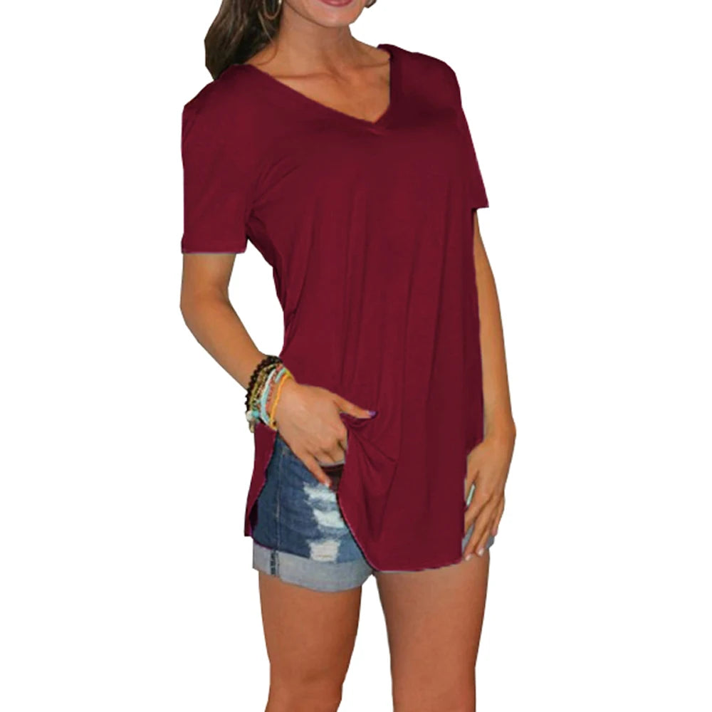 V-Neck Short Sleeve Arc Hem Top