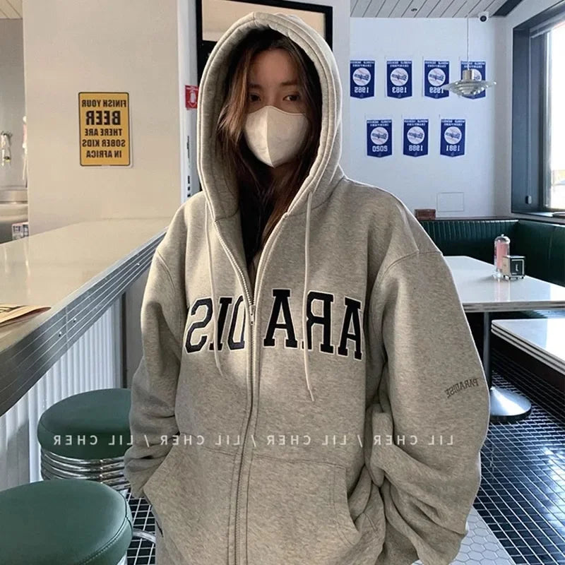 American Style Embroidered Hooded Sweatshirt, Oversize Jacket