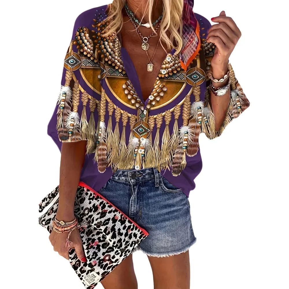 Ethnic Geometric Print Flare Sleeve Top