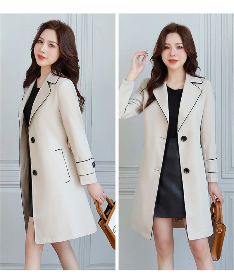 2025 New Suit Collar Trench Coat Spring And Autumn Fashionable Mid Length Jacket Female Double Layered Outwear White Windbreaker