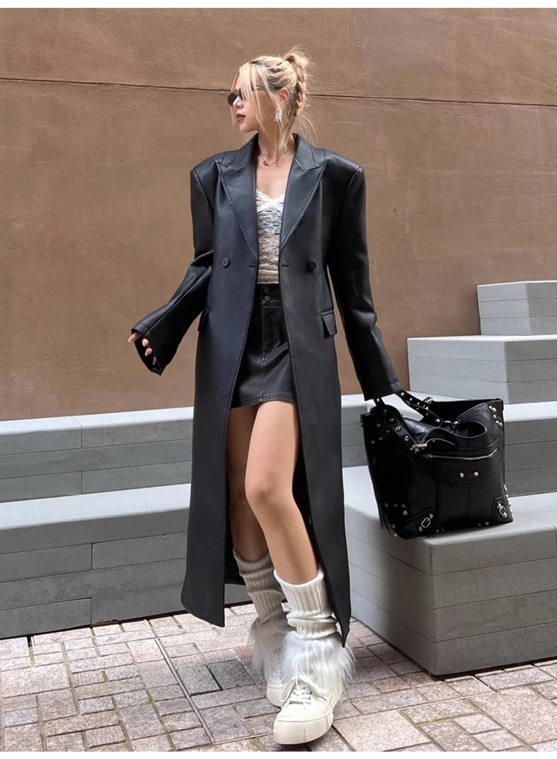 Lautaro Spring Autumn Extra Long Black Loose Pu Leather Trench Coat for Women Shoulder Pads Double Breasted Faux Leather Blazer