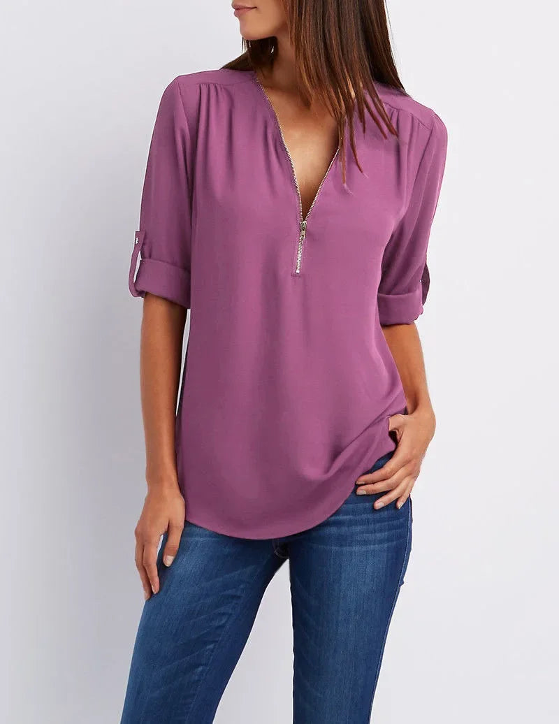 Deep V-Neck Chiffon Blouse