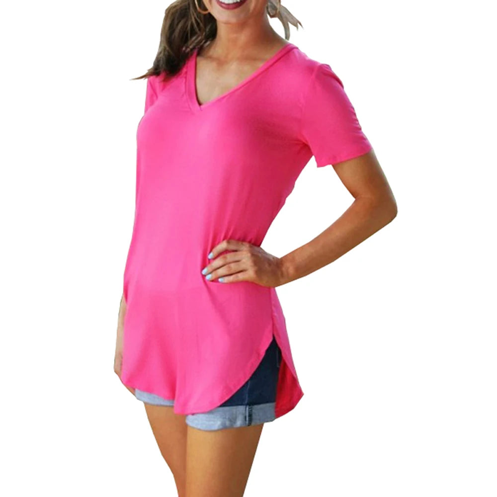 V-Neck Short Sleeve Arc Hem Top