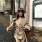 Kaki Color British Style Women's Short Coat Waist Cinched Outerwear Spring Fashion Polyester Fiber Long Sleeve Buttoned Jacket