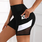 Women's High Waisted Mesh Colorblocked Yoga Shorts with Pockets Tummy Tuck Exercise Shorts