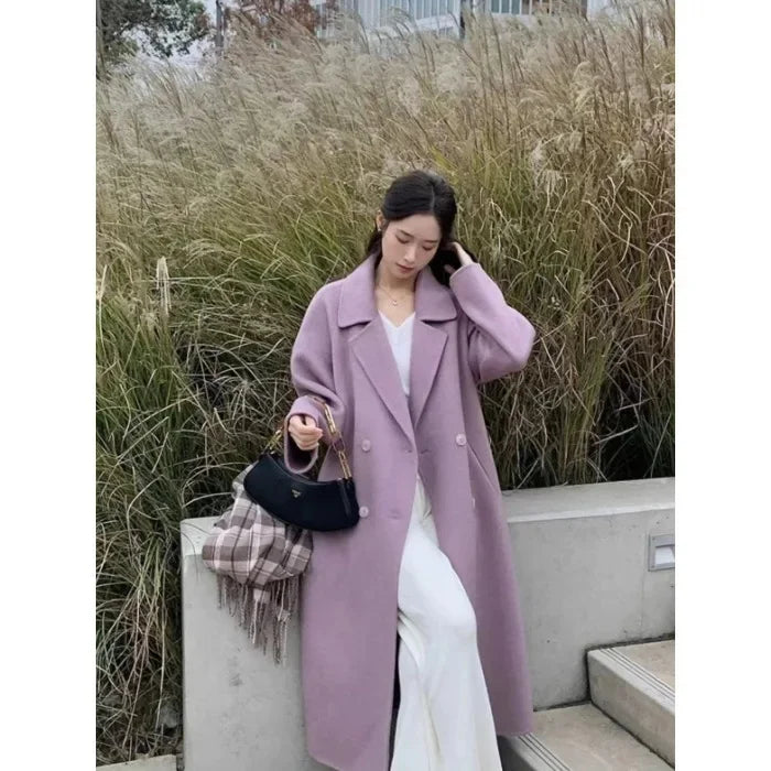 Plus Size Elegant Woolen Coat, Knee-Length, Korean Style
