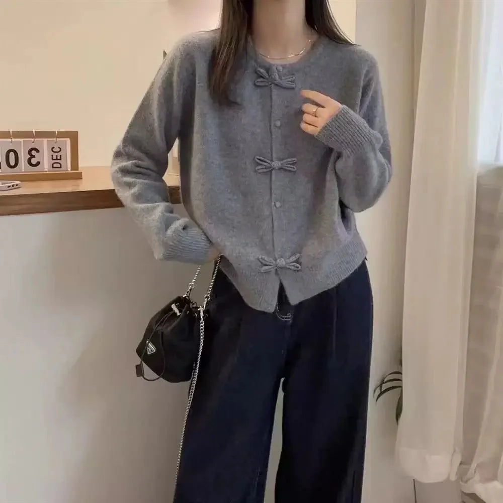 Elegant Red Round Neck Button Cardigan