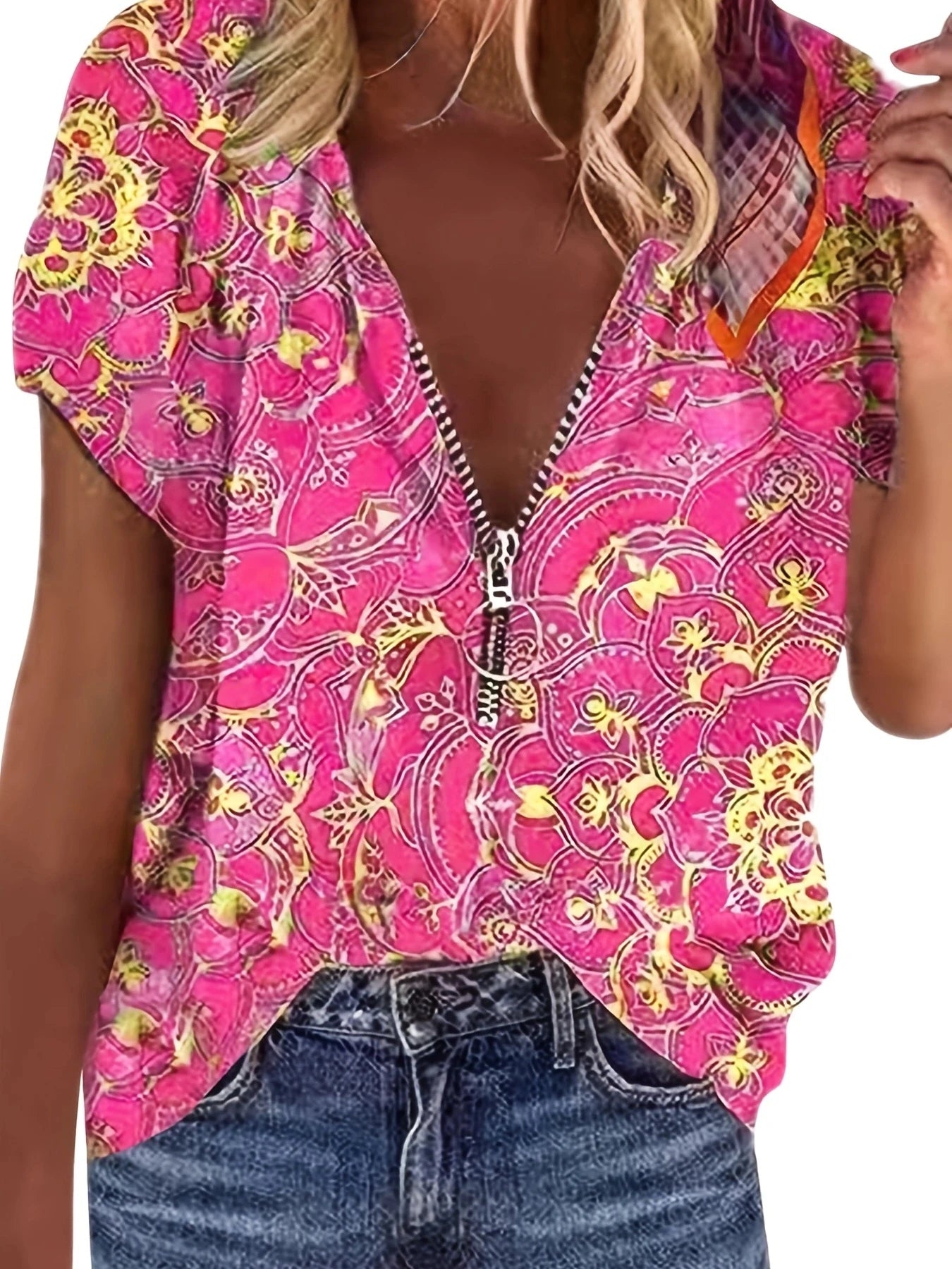 Short Sleeve Printed Zippered Top