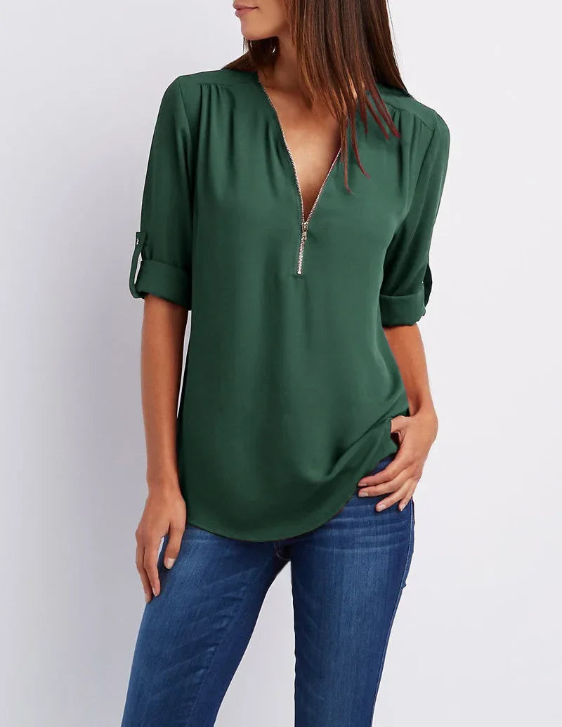 Deep V-Neck Chiffon Blouse