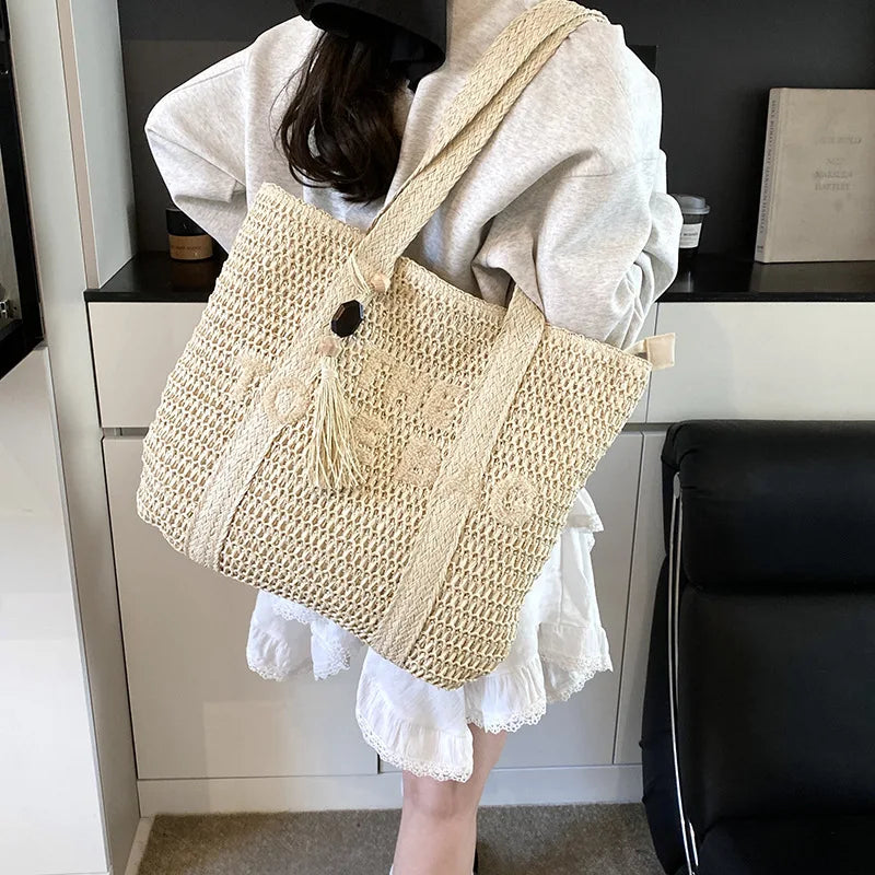 French Style Large Straw Beach Tote Bag