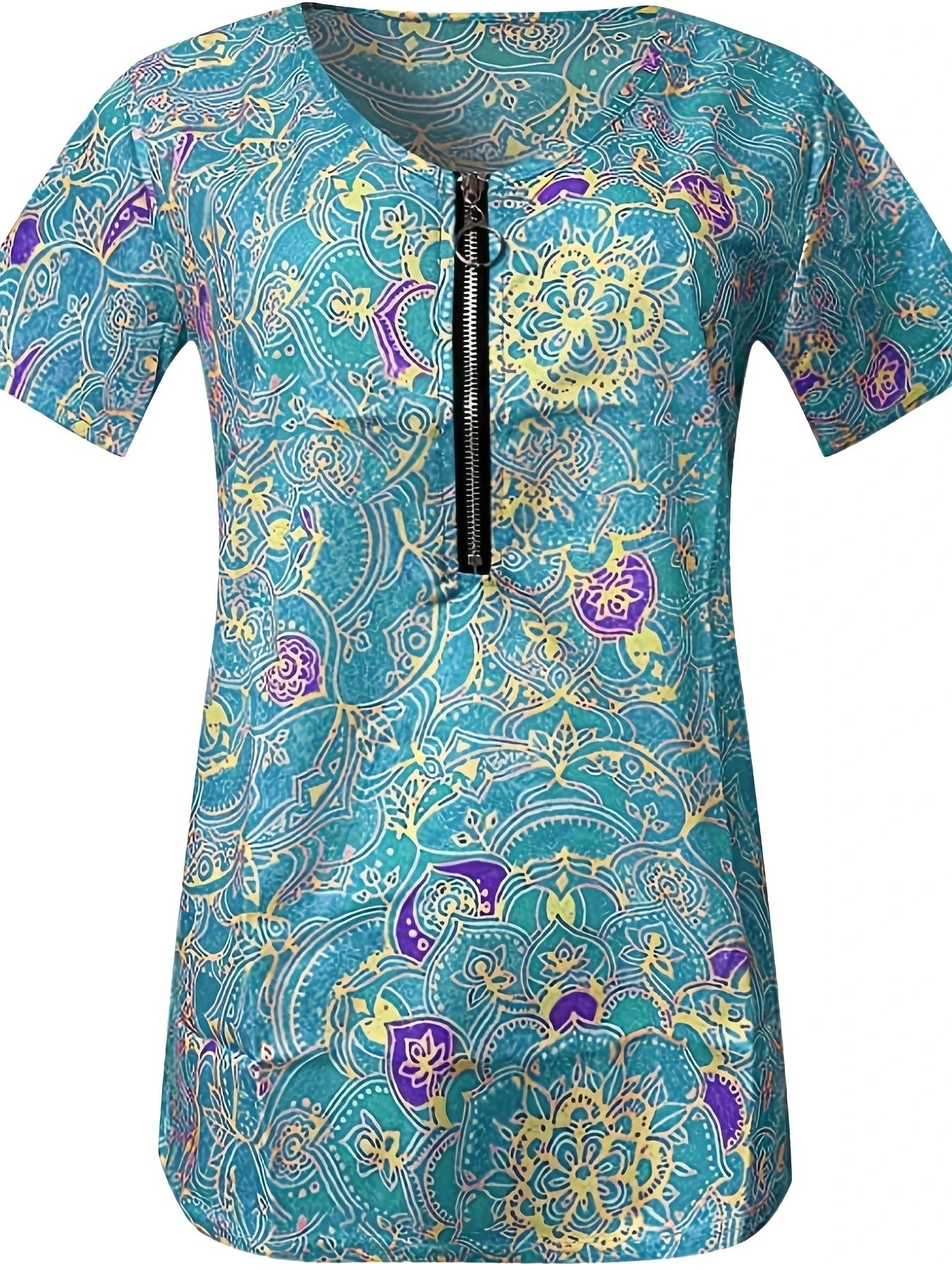 Short Sleeve Printed Zippered Top