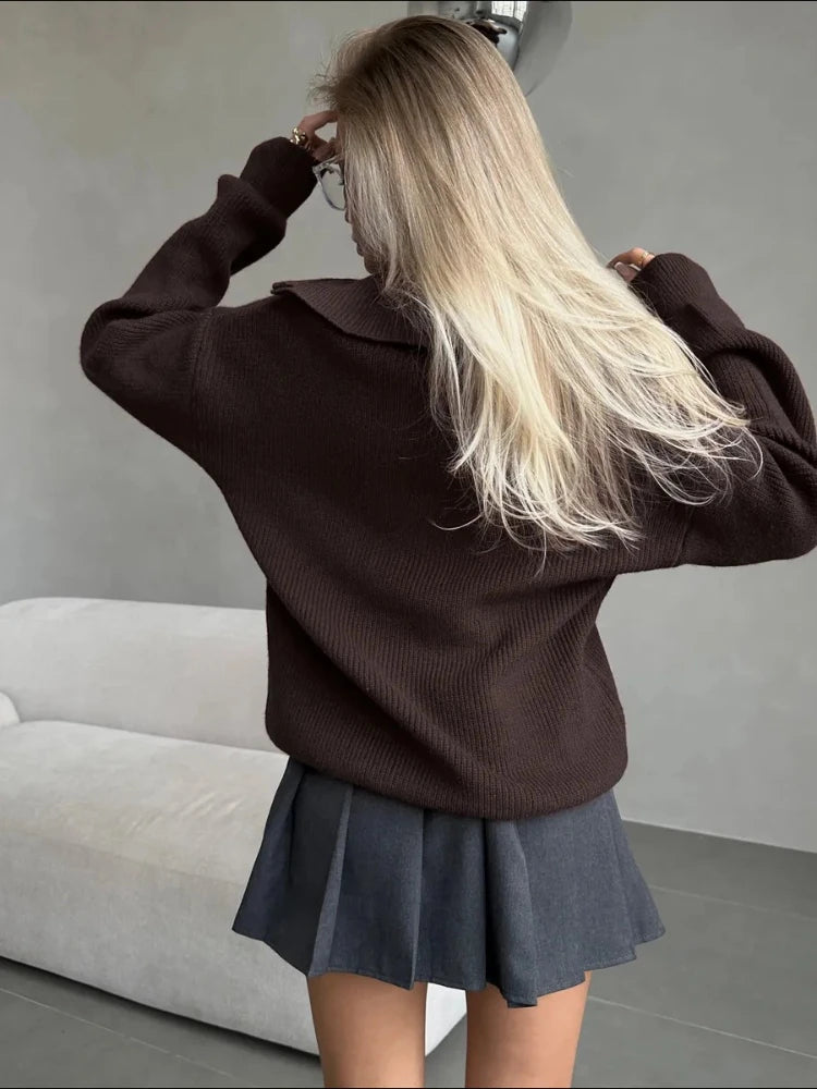 Fashion Black Half-Zip Lapel Sweater for Women