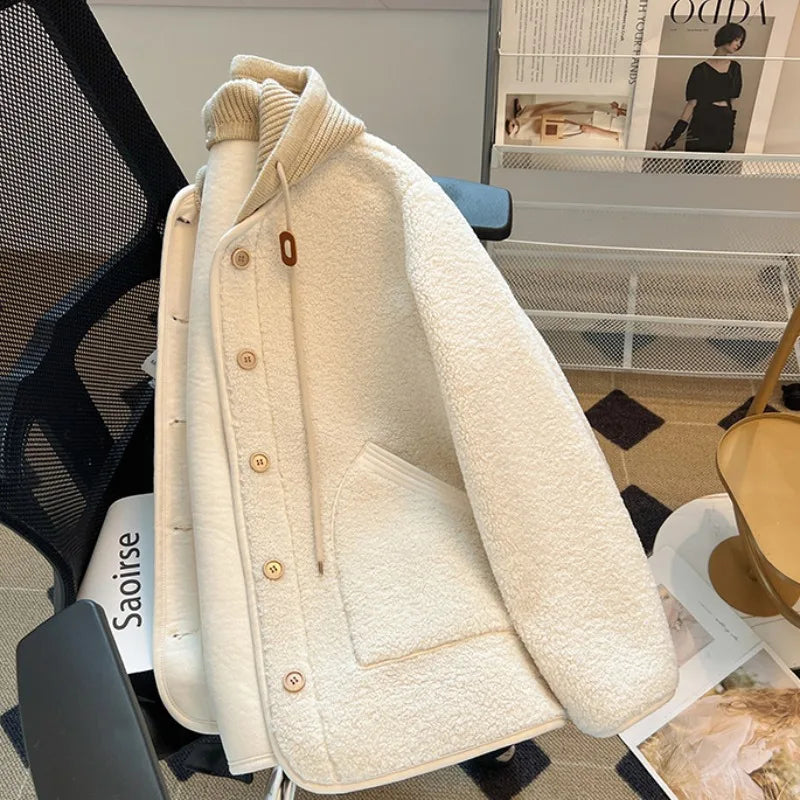 Oversized Hooded Lamb Wool Coat for Women & Loose Fit, Korean Style