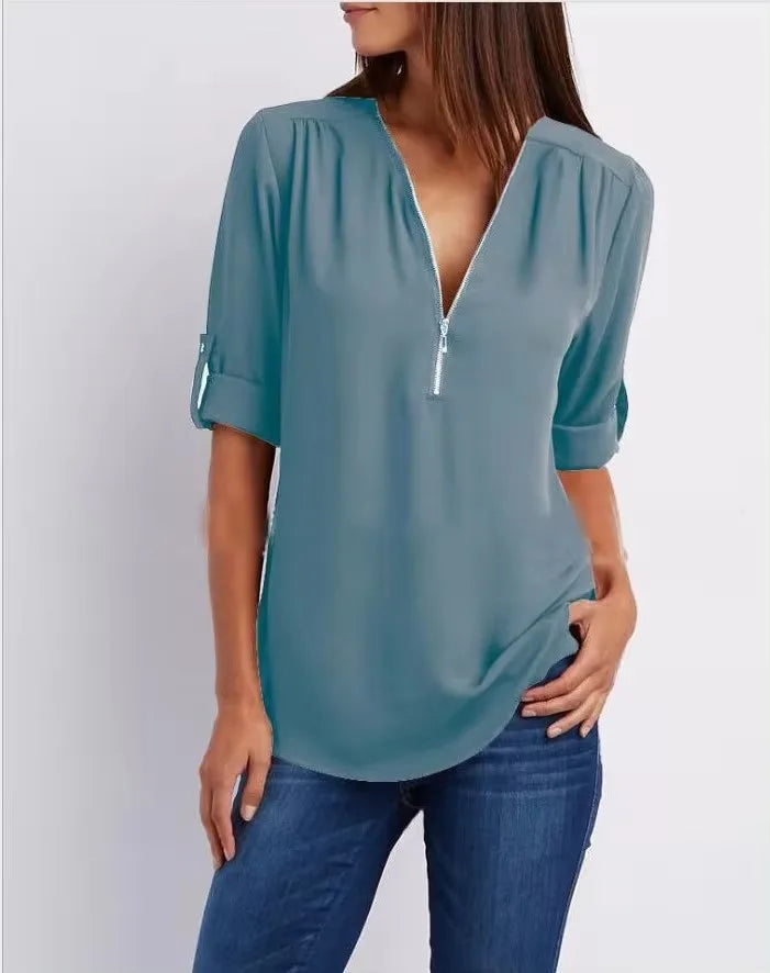 Deep V-Neck Chiffon Blouse