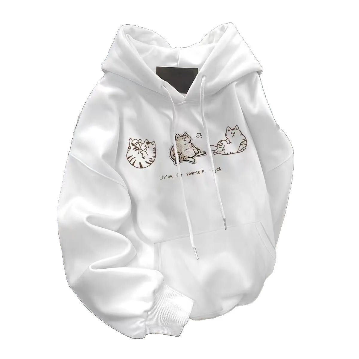 Hooded Sweatshirt Women's Floral Grey Three Kittens Print, Loose Fit, Casual Style