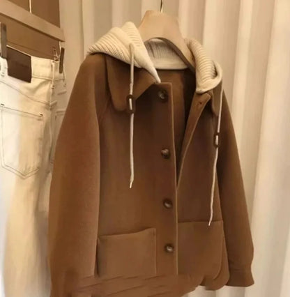 Women's Knitted Woolen Coat, Vintage Loose Fit, Hat Design, Korean Style