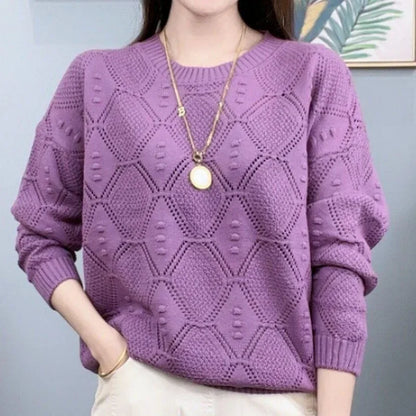 Fashionable Solid Color Knitted Top, Round Neck, Loose-Fit Long Sleeve