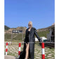 Lautaro Spring Autumn Extra Long Black Loose Pu Leather Trench Coat for Women Shoulder Pads Double Breasted Faux Leather Blazer