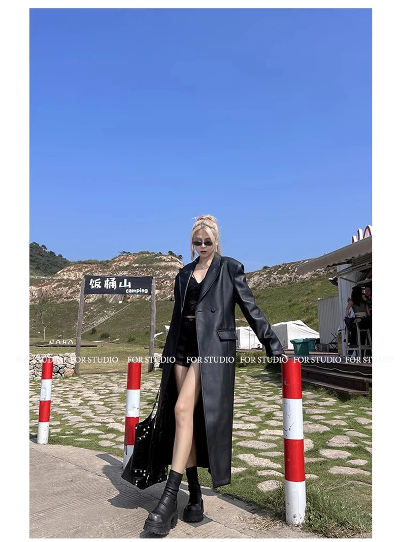 Lautaro Spring Autumn Extra Long Black Loose Pu Leather Trench Coat for Women Shoulder Pads Double Breasted Faux Leather Blazer