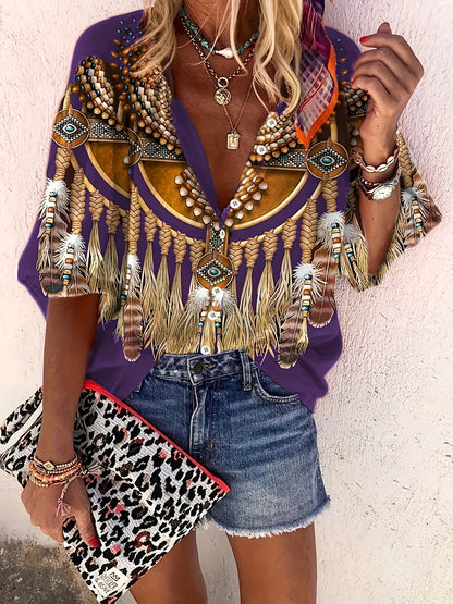 Ethnic Geometric Print Flare Sleeve Top