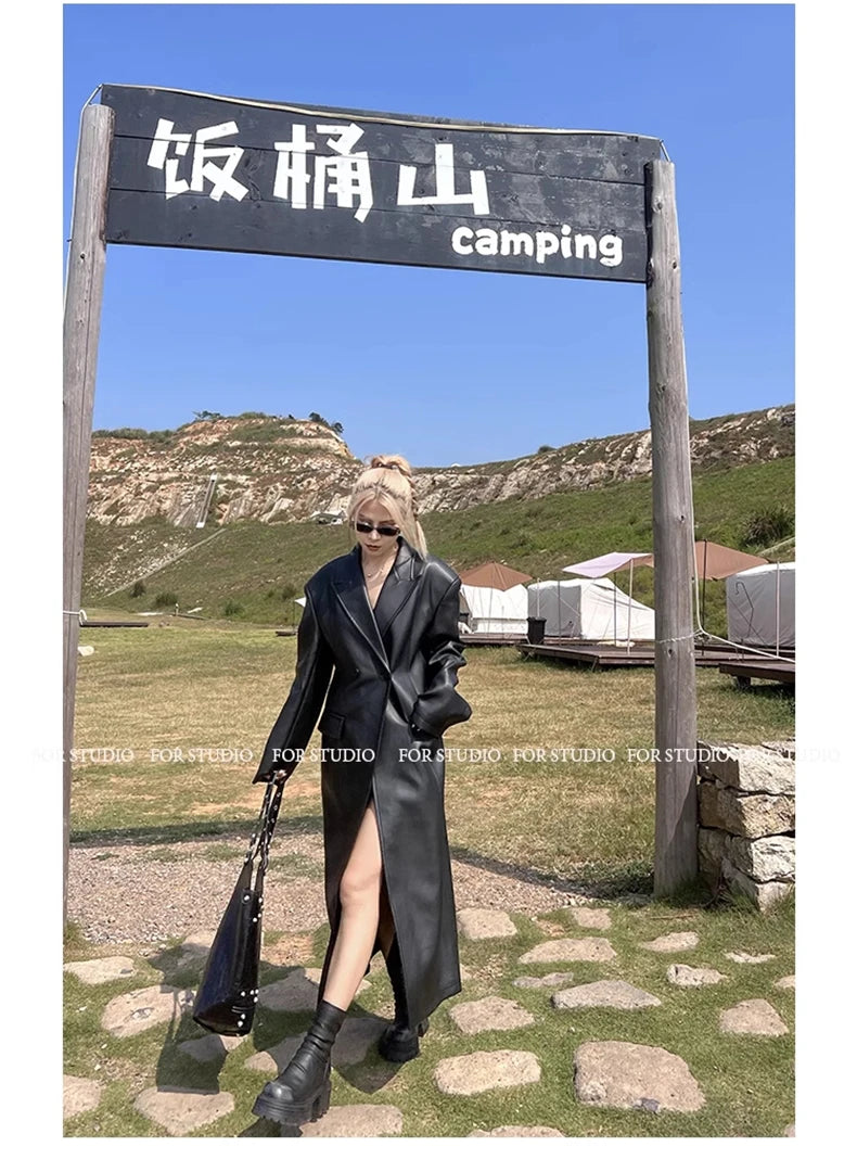 Lautaro Spring Autumn Extra Long Black Loose Pu Leather Trench Coat for Women Shoulder Pads Double Breasted Faux Leather Blazer