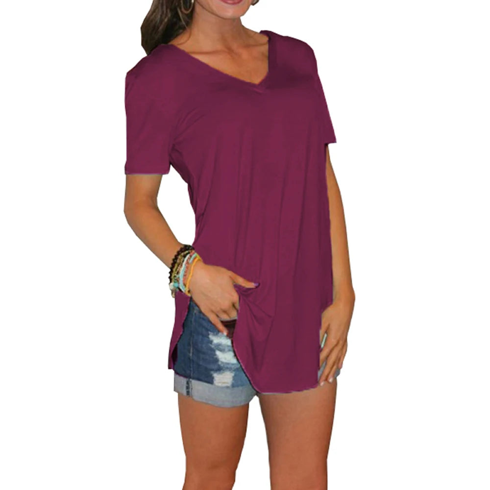 V-Neck Short Sleeve Arc Hem Top