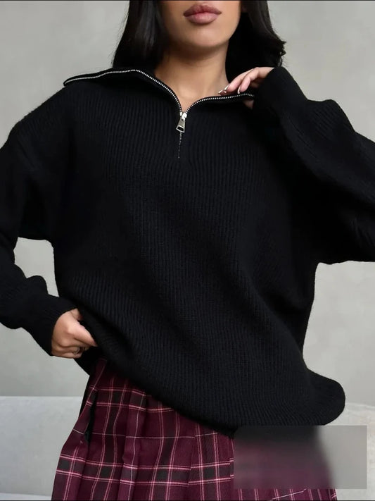 Fashion Black Half-Zip Lapel Sweater for Women