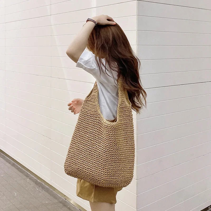 French Style Large Straw Beach Tote Bag