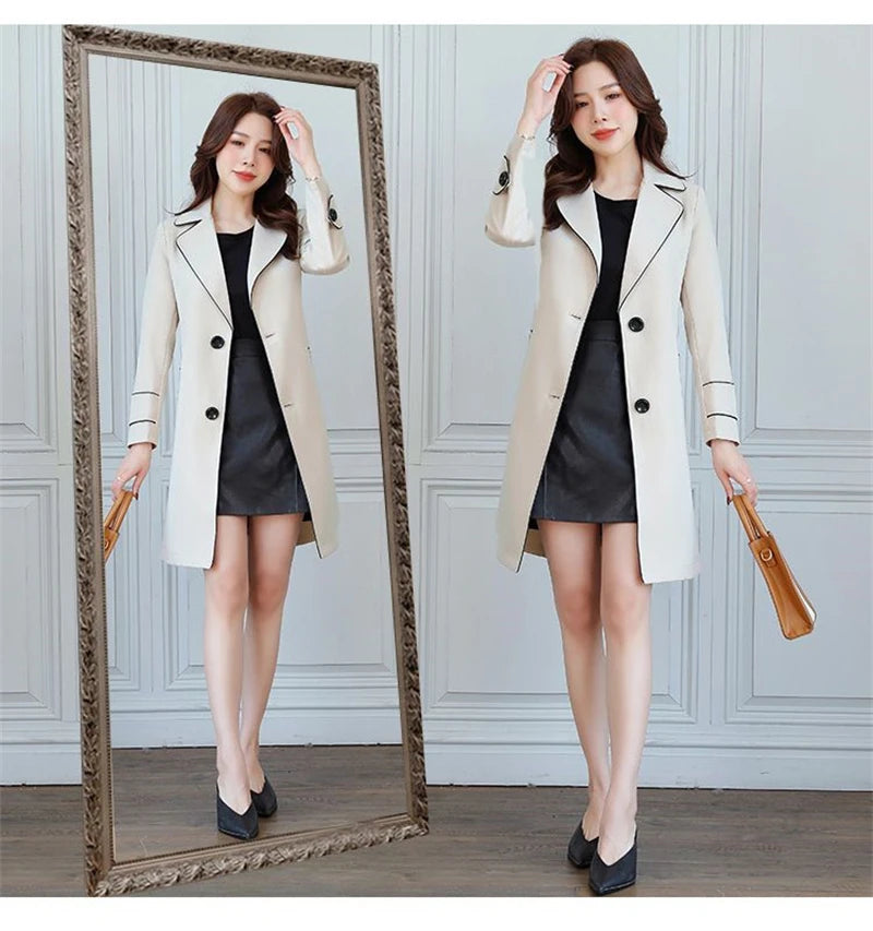 2025 New Suit Collar Trench Coat Spring And Autumn Fashionable Mid Length Jacket Female Double Layered Outwear White Windbreaker