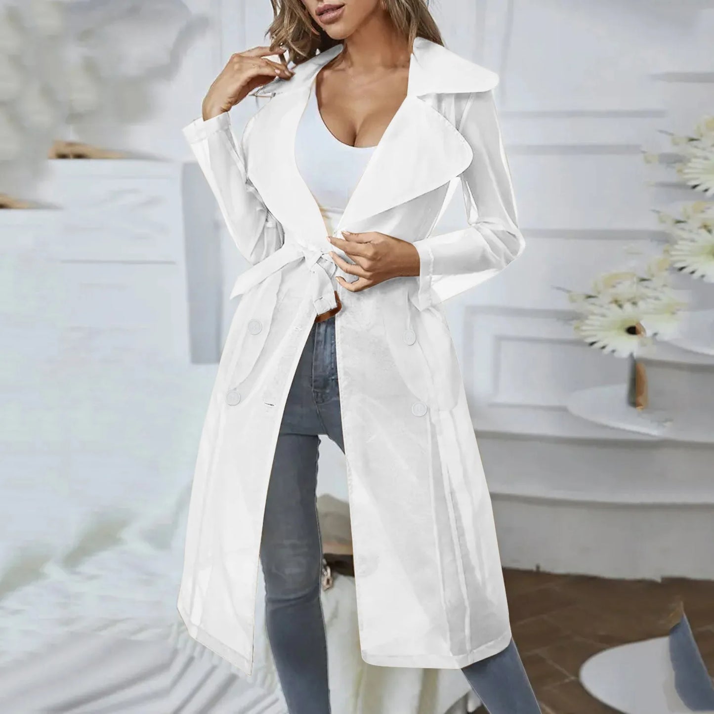 Sheer Thin Lightweight Windbreaker Women Sunscreen Clothes Lapel Single Breasted Long Coat With Belt Large Size Jackets Trench