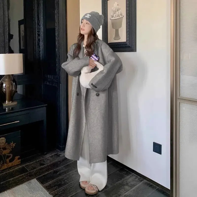 Plus Size Elegant Woolen Coat, Knee-Length, Korean Style