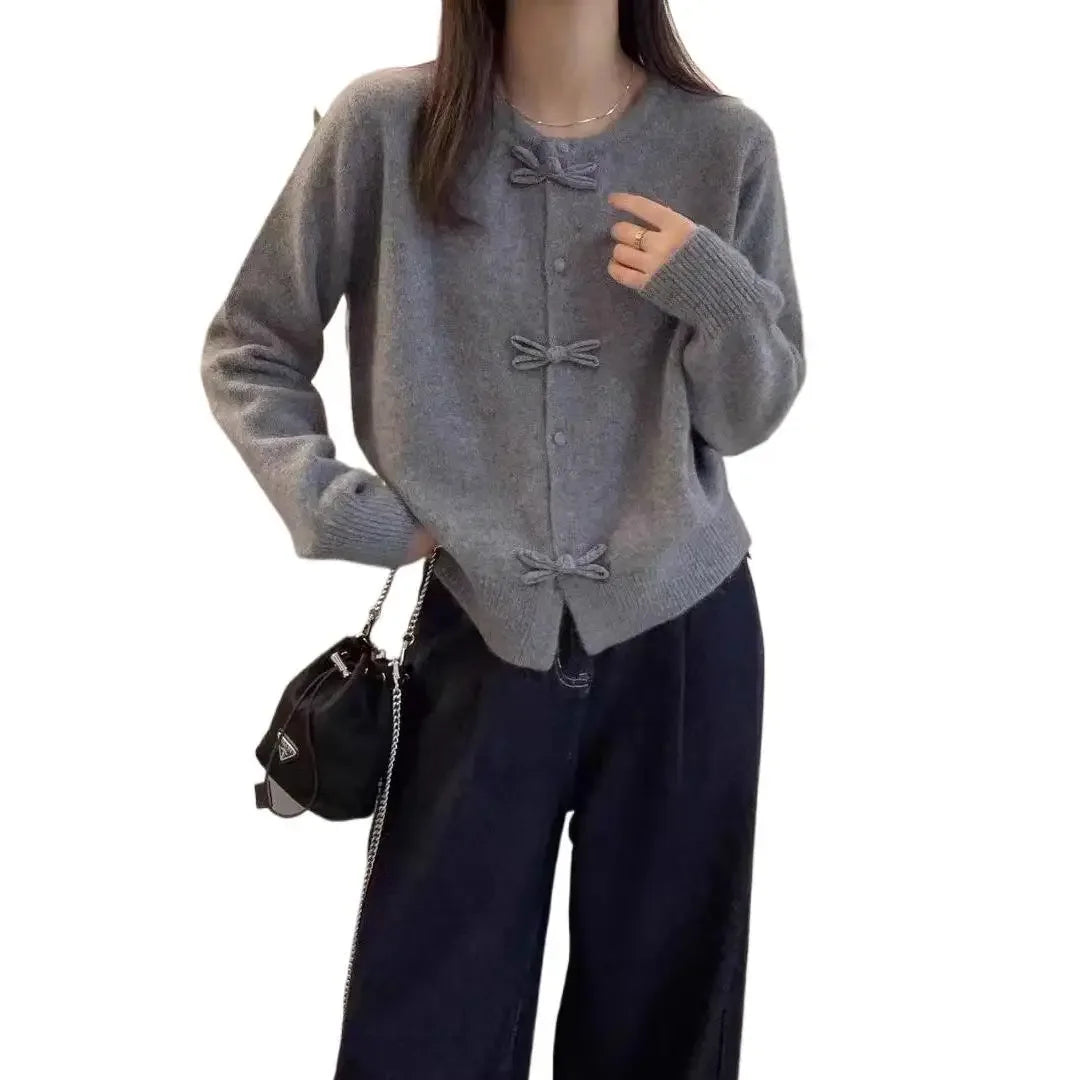 Elegant Red Round Neck Button Cardigan