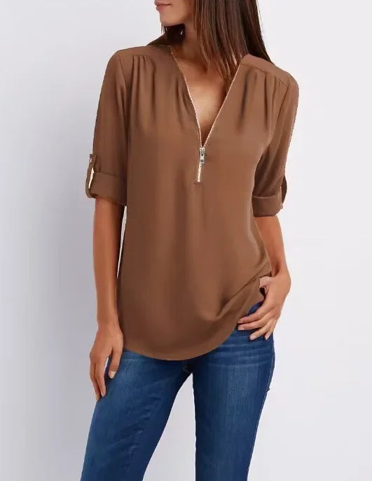 Deep V-Neck Chiffon Blouse
