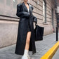 Lautaro Spring Autumn Extra Long Black Loose Pu Leather Trench Coat for Women Shoulder Pads Double Breasted Faux Leather Blazer
