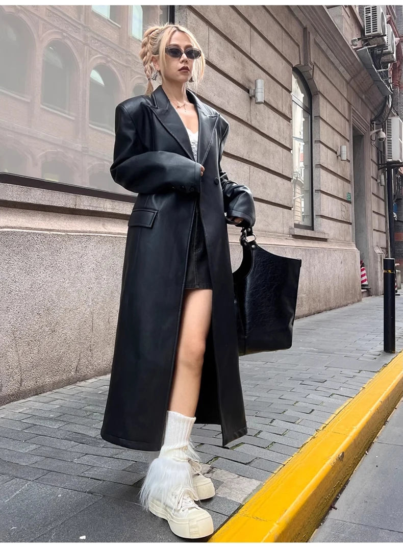Lautaro Spring Autumn Extra Long Black Loose Pu Leather Trench Coat for Women Shoulder Pads Double Breasted Faux Leather Blazer