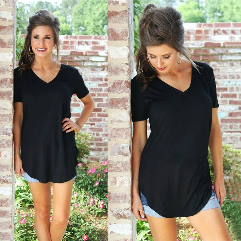 V-Neck Short Sleeve Arc Hem Top