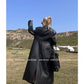 Lautaro Spring Autumn Extra Long Black Loose Pu Leather Trench Coat for Women Shoulder Pads Double Breasted Faux Leather Blazer