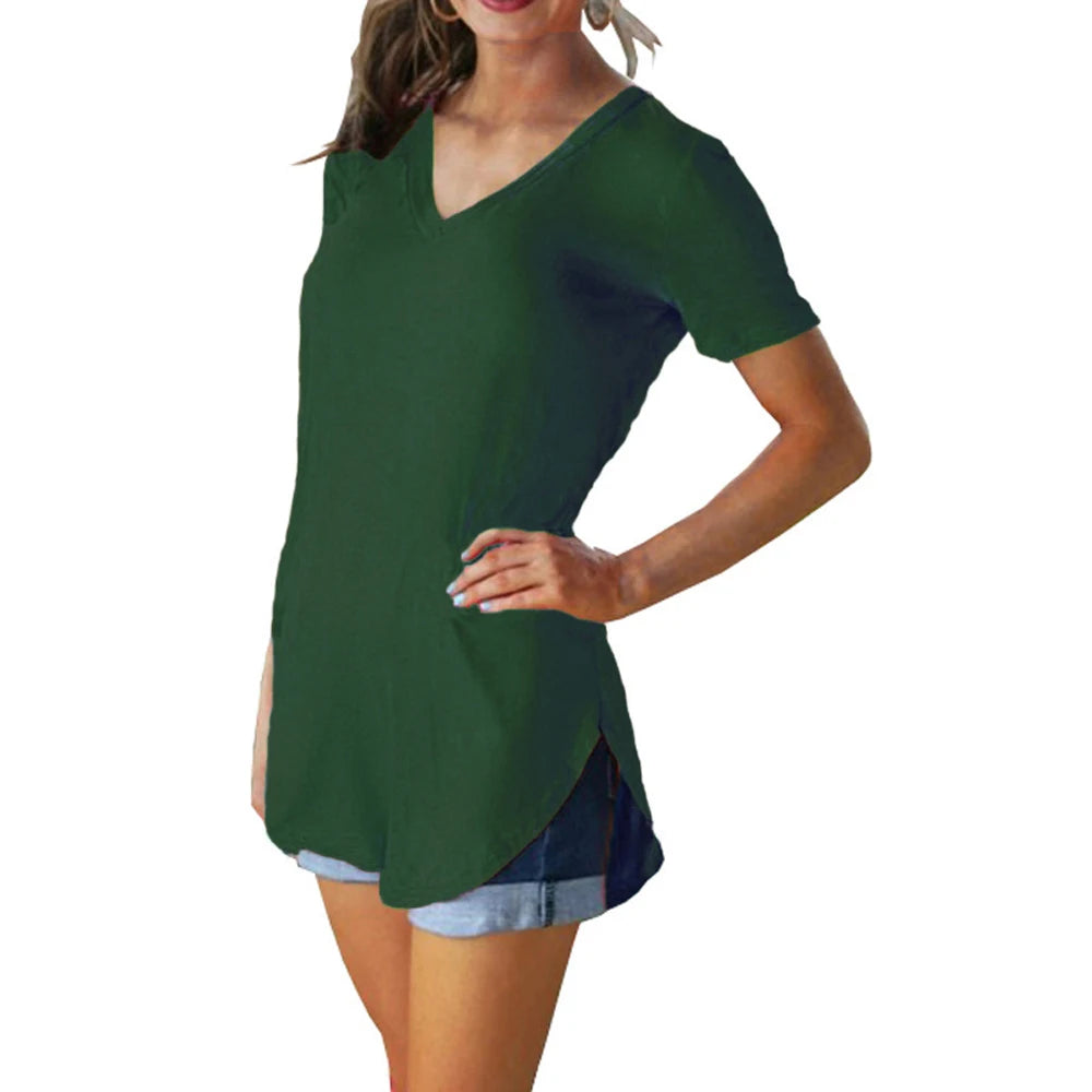 V-Neck Short Sleeve Arc Hem Top