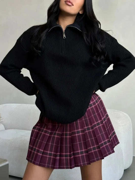 Fashion Black Half-Zip Lapel Sweater for Women