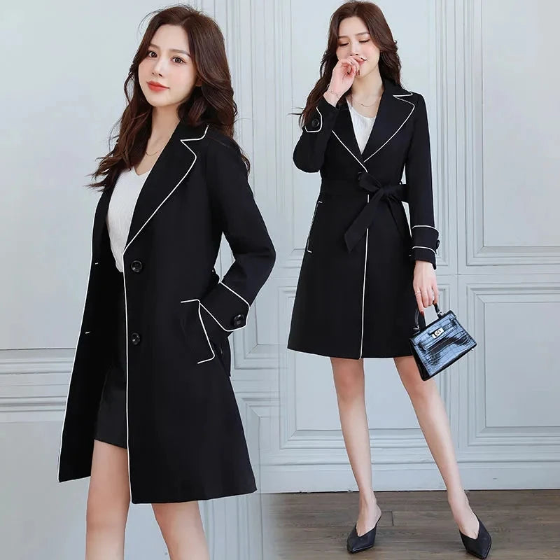 2025 New Suit Collar Trench Coat Spring And Autumn Fashionable Mid Length Jacket Female Double Layered Outwear White Windbreaker