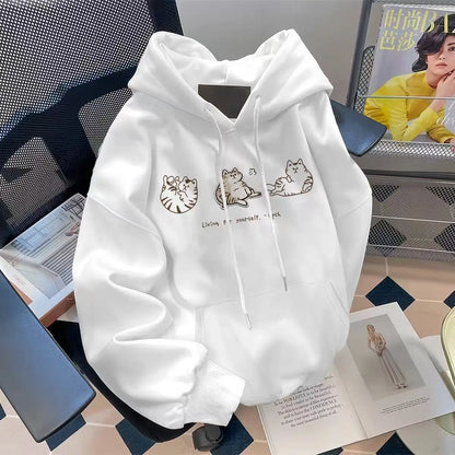 Hooded Sweatshirt Women's Floral Grey Three Kittens Print, Loose Fit, Casual Style