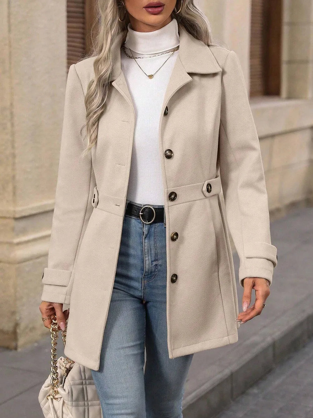 Plus-size Elegant Woolen Coat for Autumn and Winter - Lapel, Button Detail, Slim-Fitting