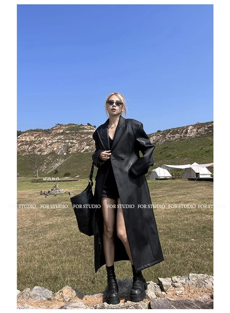 Lautaro Spring Autumn Extra Long Black Loose Pu Leather Trench Coat for Women Shoulder Pads Double Breasted Faux Leather Blazer