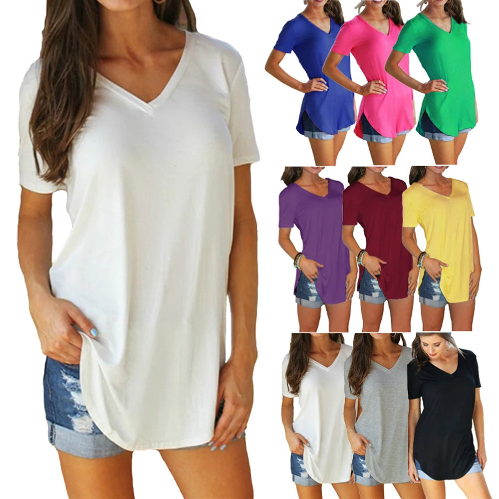 V-Neck Short Sleeve Arc Hem Top