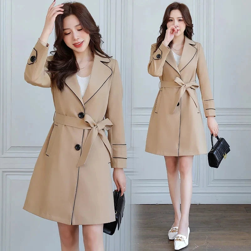 2025 New Suit Collar Trench Coat Spring And Autumn Fashionable Mid Length Jacket Female Double Layered Outwear White Windbreaker