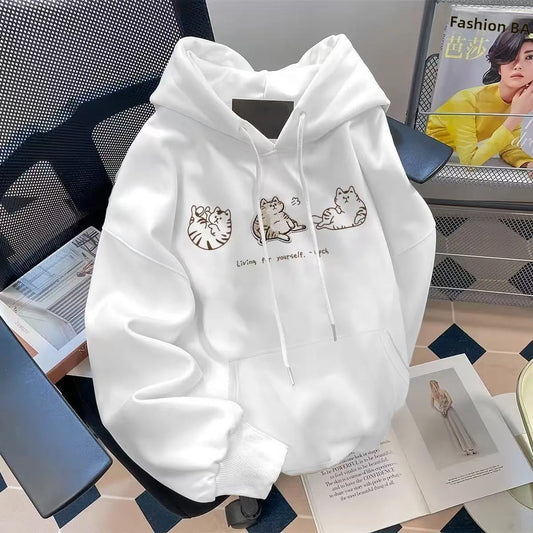 Hooded Sweatshirt Women's Floral Grey Three Kittens Print, Loose Fit, Casual Style