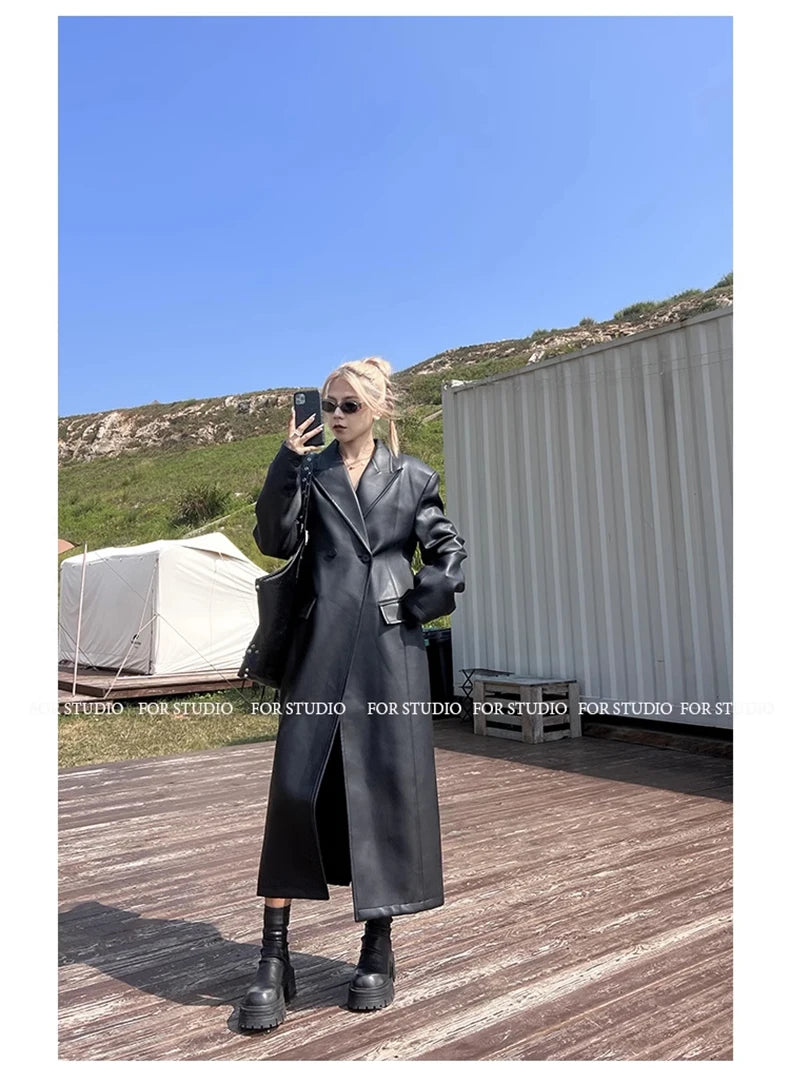 Lautaro Spring Autumn Extra Long Black Loose Pu Leather Trench Coat for Women Shoulder Pads Double Breasted Faux Leather Blazer
